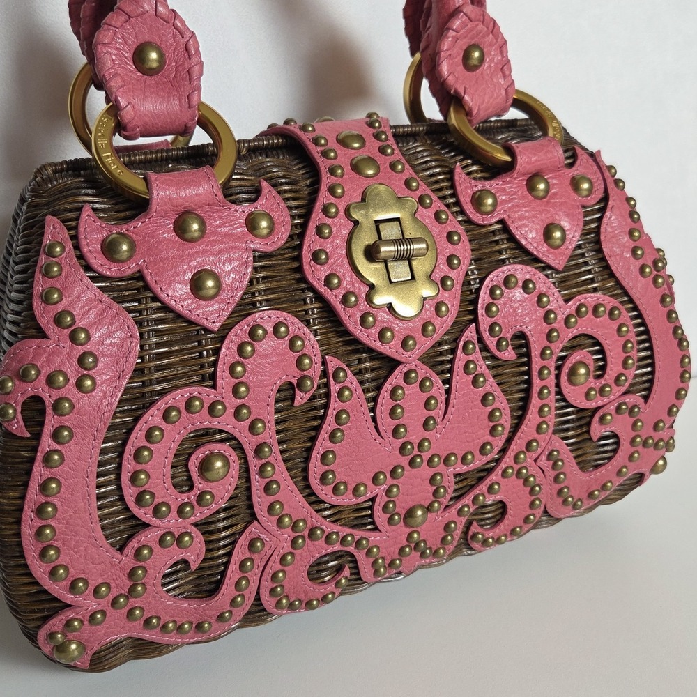VTG Isabella Fiore Pink Leather Wicker Satchel Studded Trim Boho Handbag Rare - Picture 2 of 16